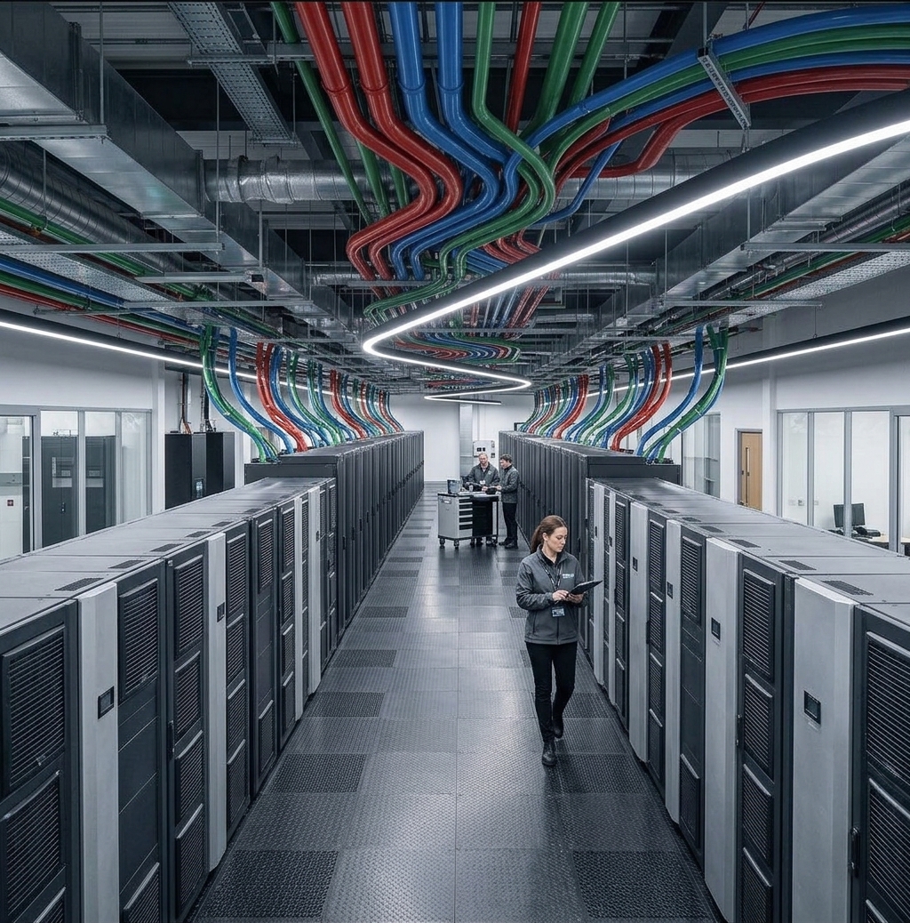 Facility interior, cabling under installation
